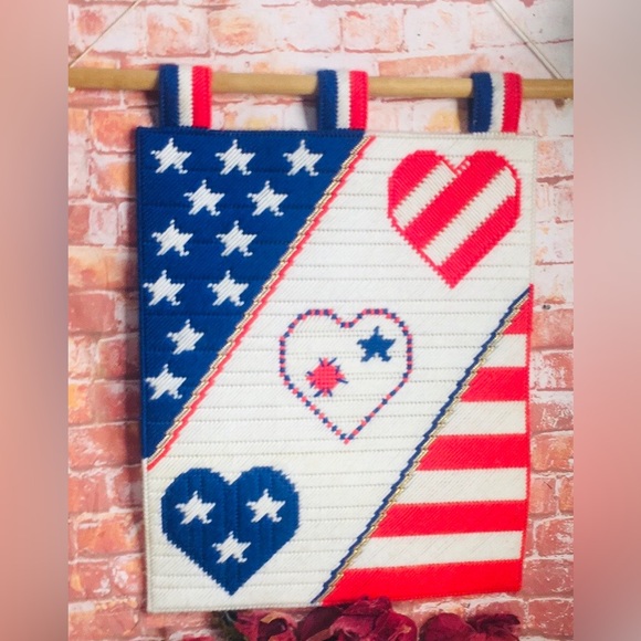 Other - Vintage Handmade Patriotic Heart American Flag Needlepoint Wall Hanging